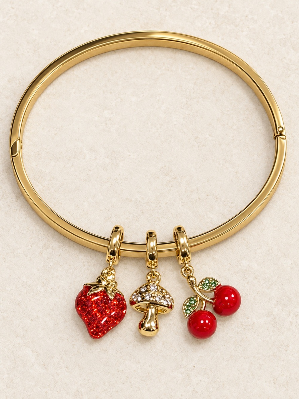 Gold Charm Bangle Bracelet with Red Fruit Charms